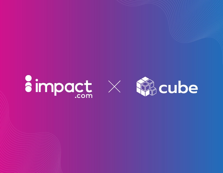 Logo of Impact.com and Cube on a vibrant gradient background, symbolizing their partnership.