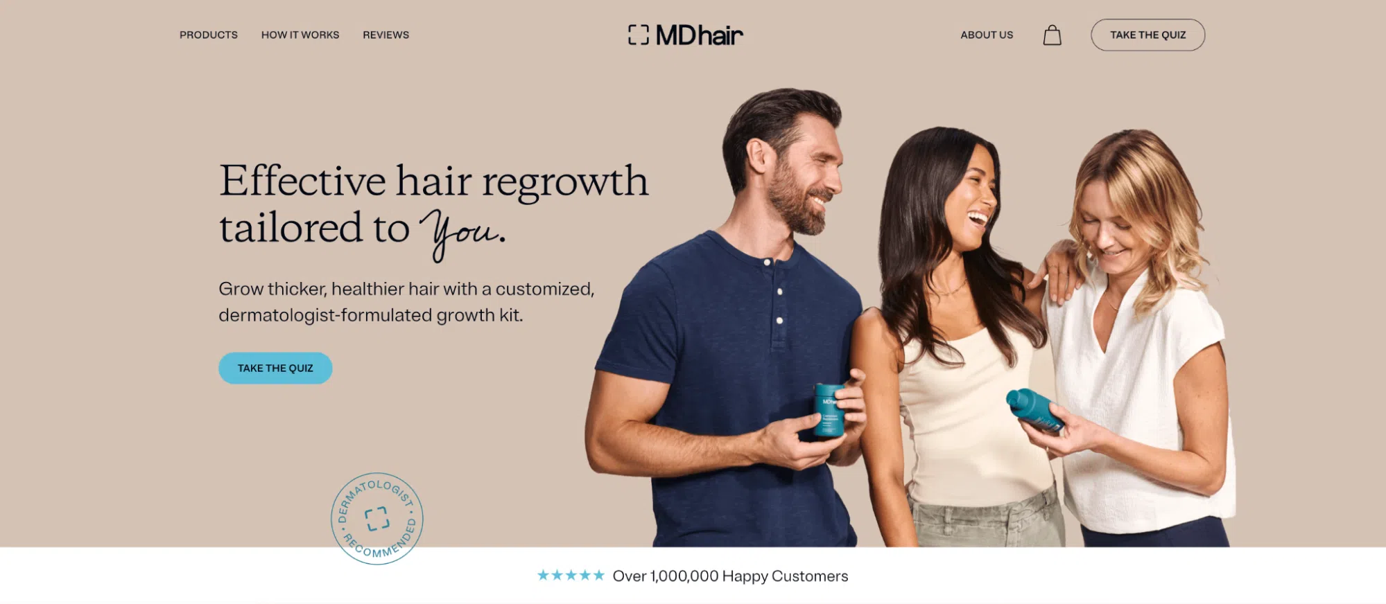 Website homepage for a hair regrowth product featuring product details and user testimonials.