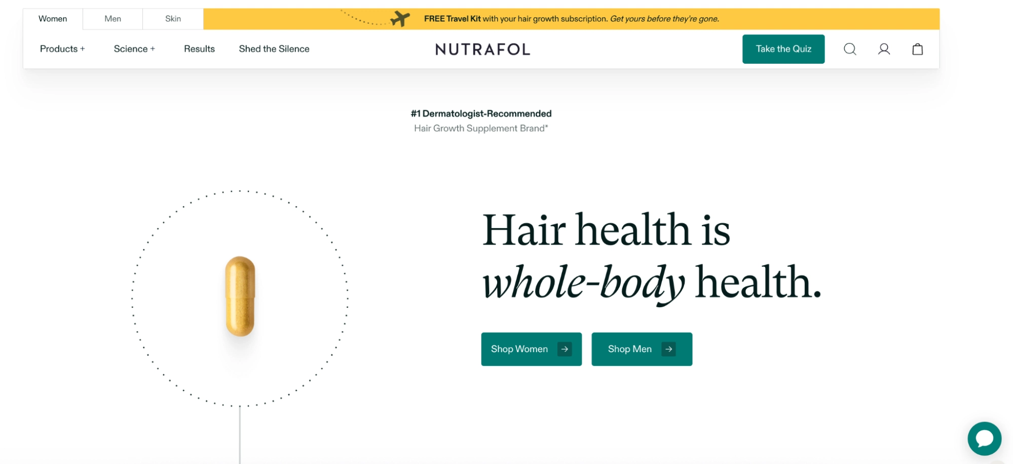 A gold capsule sits on a white background, emphasizing the message that hair health contributes to whole-body health.