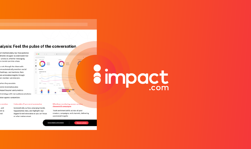 A marketing analysis page featuring charts and metrics, with the Impact.com logo prominently displayed against a vibrant gradient background.