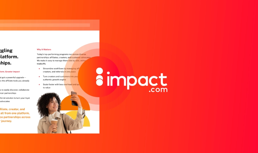 An individual holds a drink and a smartphone, with a vibrant orange-red background featuring the logo and text about partnership strategies.