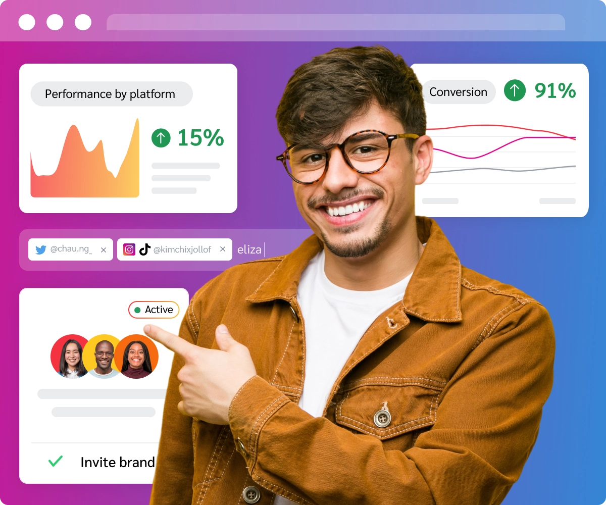 Guy smiling in front of stats and colourful background