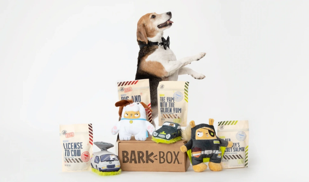 A beagle wearing a bowtie poses beside a BarkBox, surrounded by plush toys and dog treats labeled with playful names.