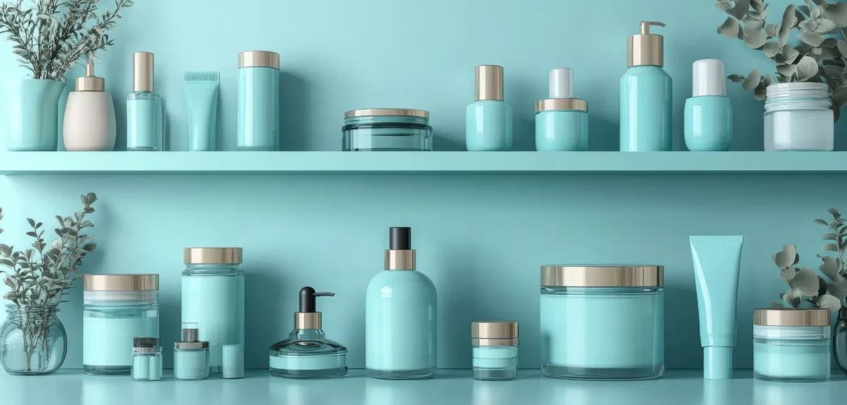 A shelf displaying an assortment of cosmetic products, including bottles, jars, and tubes in various colors and sizes.