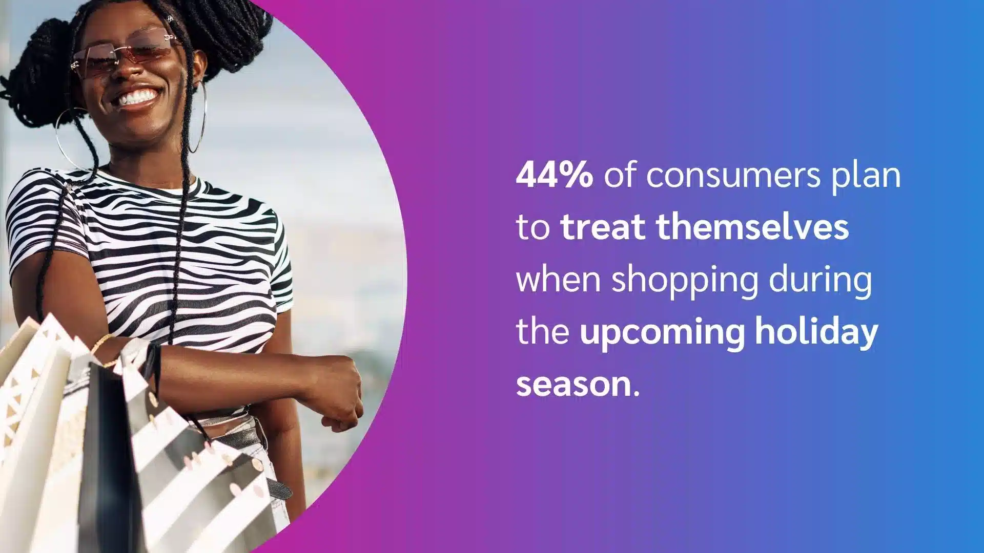 A woman in a striped shirt holds shopping bags, highlighting that 44% of consumers plan to treat themselves this holiday season.