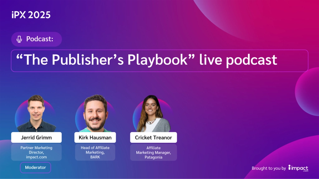 Visual display for "The Publisher's Playbook" live podcast at iPX 2025, featuring three moderators with their names and titles.