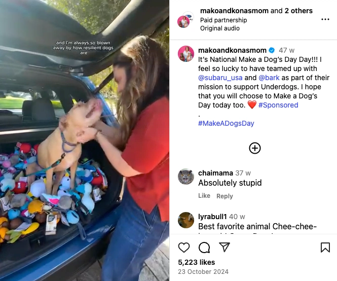 A woman joyfully interacts with a dog in a car filled with colorful toys, celebrating National Make a Dog's Day.