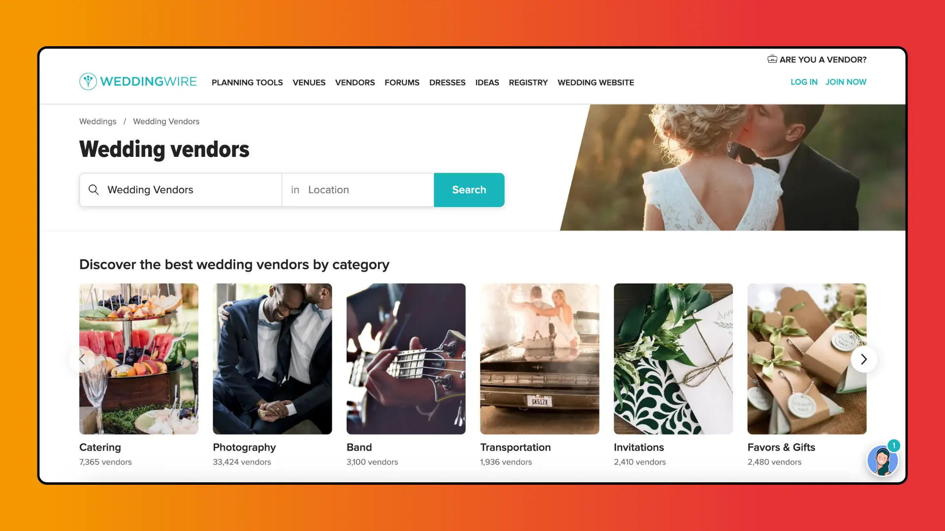 A wedding vendor website showcasing various categories like catering, photography, and invitations, with search functionality at the top.