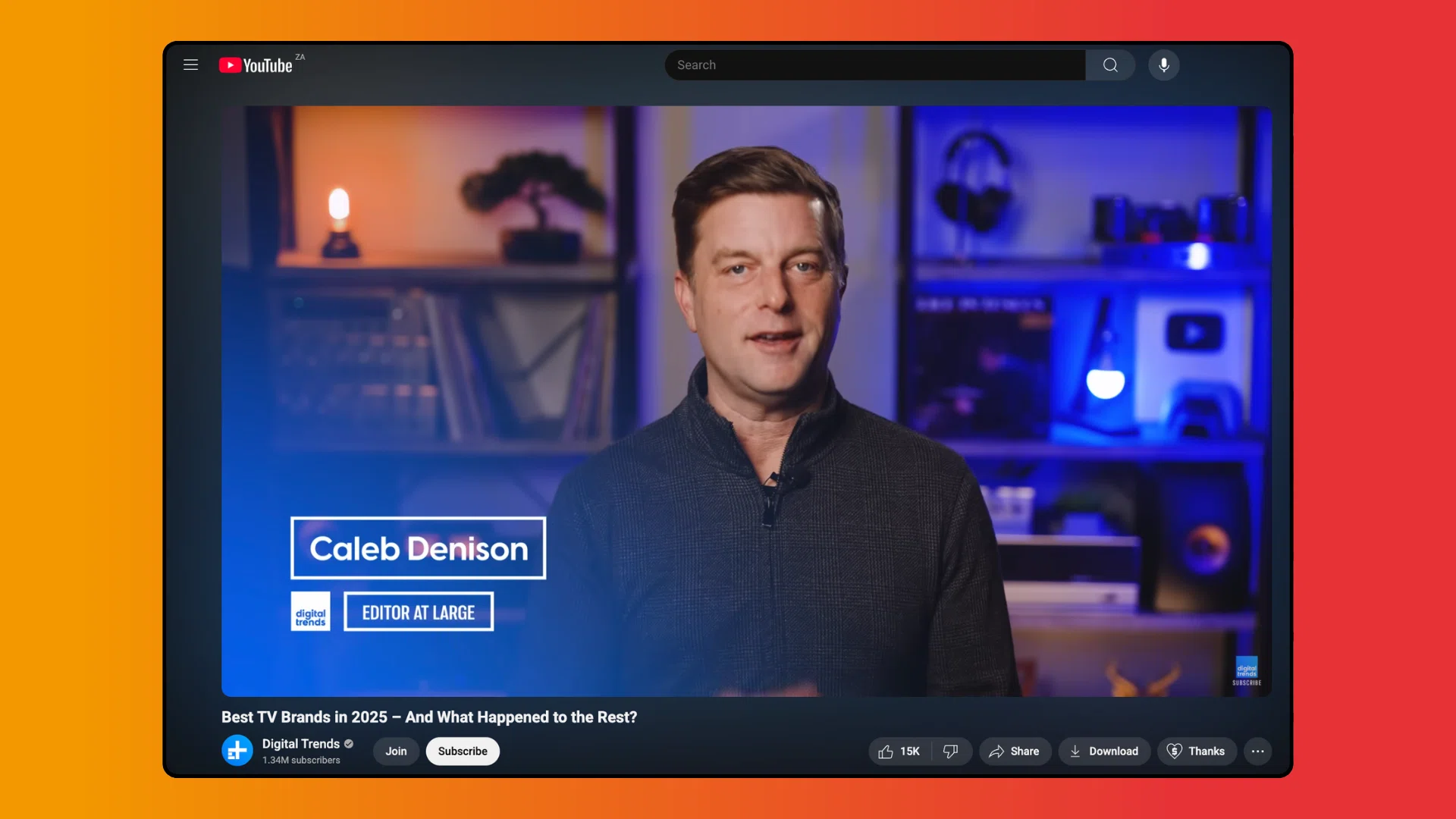 A YouTube video frame featuring Caleb Denison, editor at large, discussing TV brands, with a cozy background of books and decorative lighting.