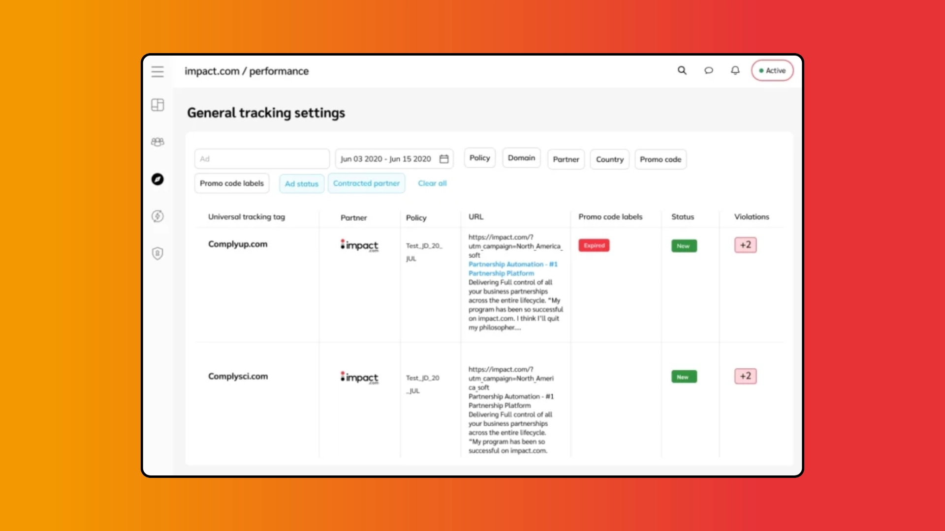 Screenshot of impact.com performance tracking settings, displaying partner details, promo codes, URLs, and status indicators.