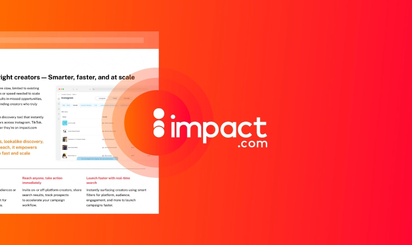 Dynamic graphic promoting impact.com, highlighting tools for creator discovery and campaign launch efficiency across platforms.
