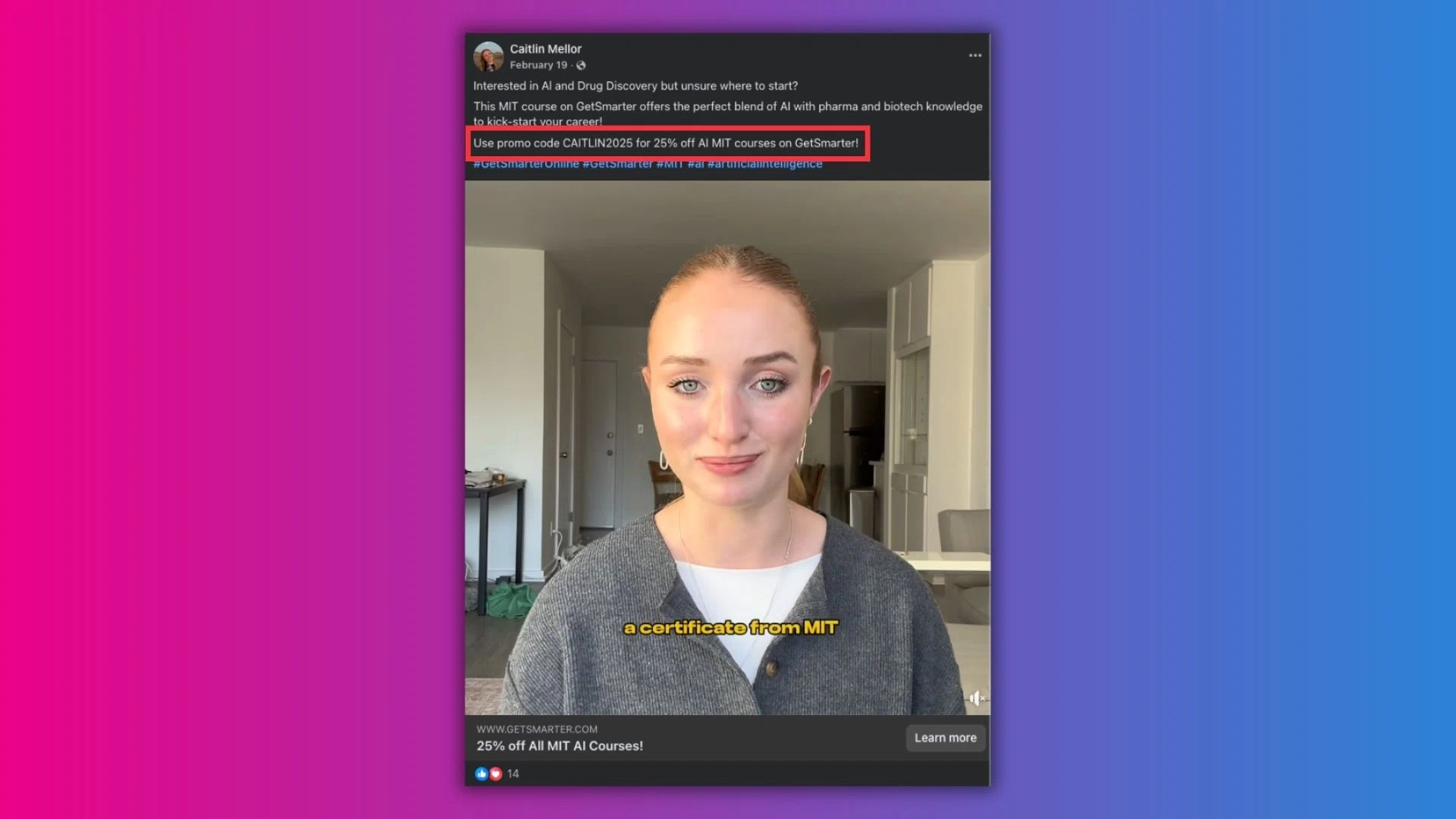 A person promotes an MIT course on AI and Drug Discovery, highlighting a discount with a promo code on a colorful background.