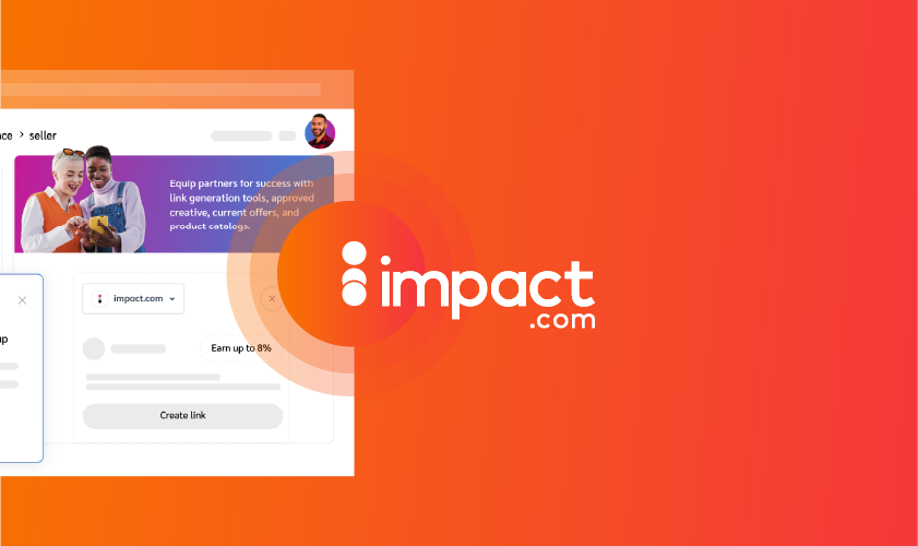 A digital interface showcasing the website impact.com, featuring tools for link generation and partner collaboration against an orange gradient background.