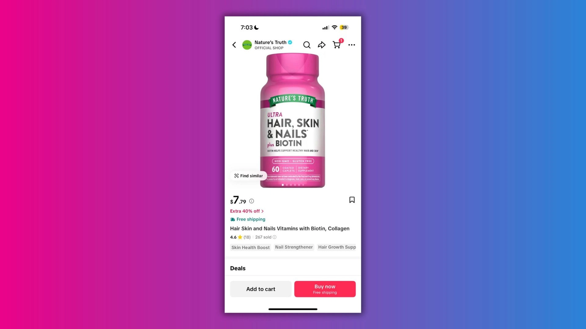 Bottle of Nature's Truth Hair, Skin & Nails dietary supplement with Biotin, featuring vibrant pink packaging and health benefits listed.