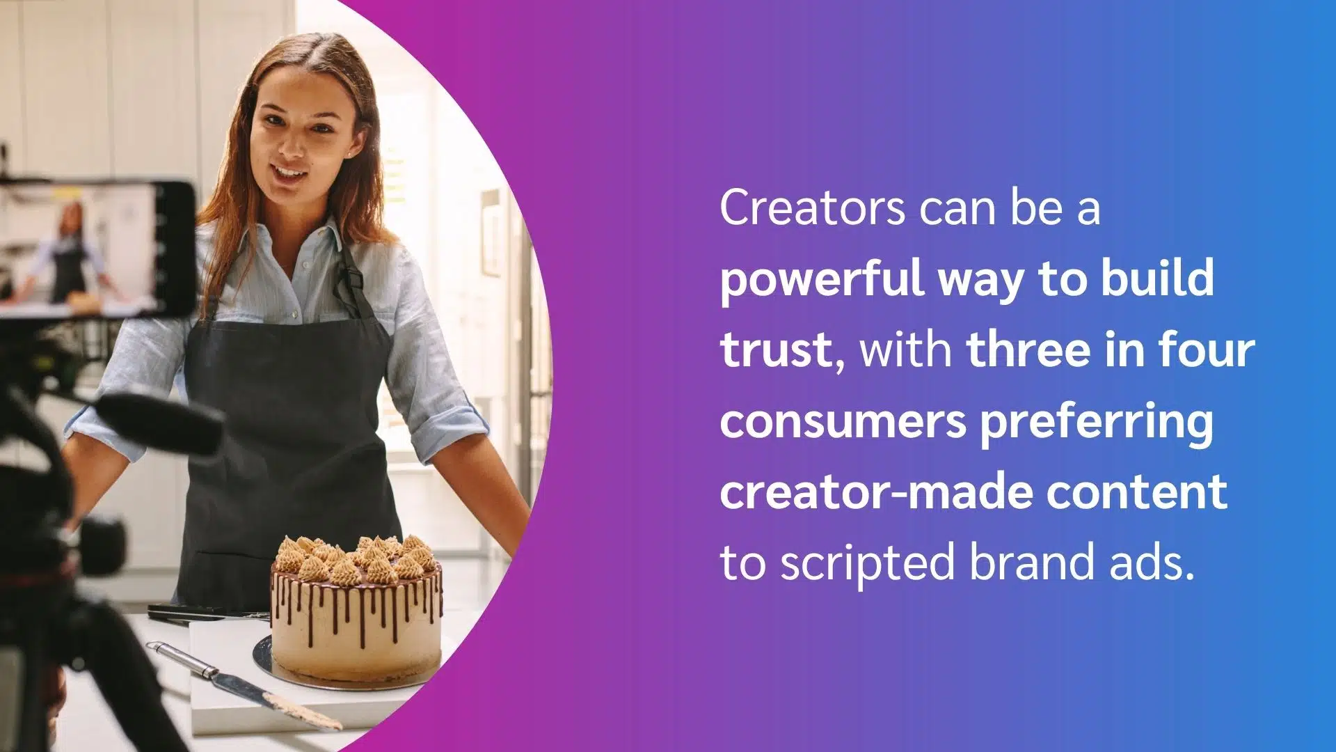 A person in an apron stands behind a decorated cake, emphasizing the impact of creator-made content on consumer trust.