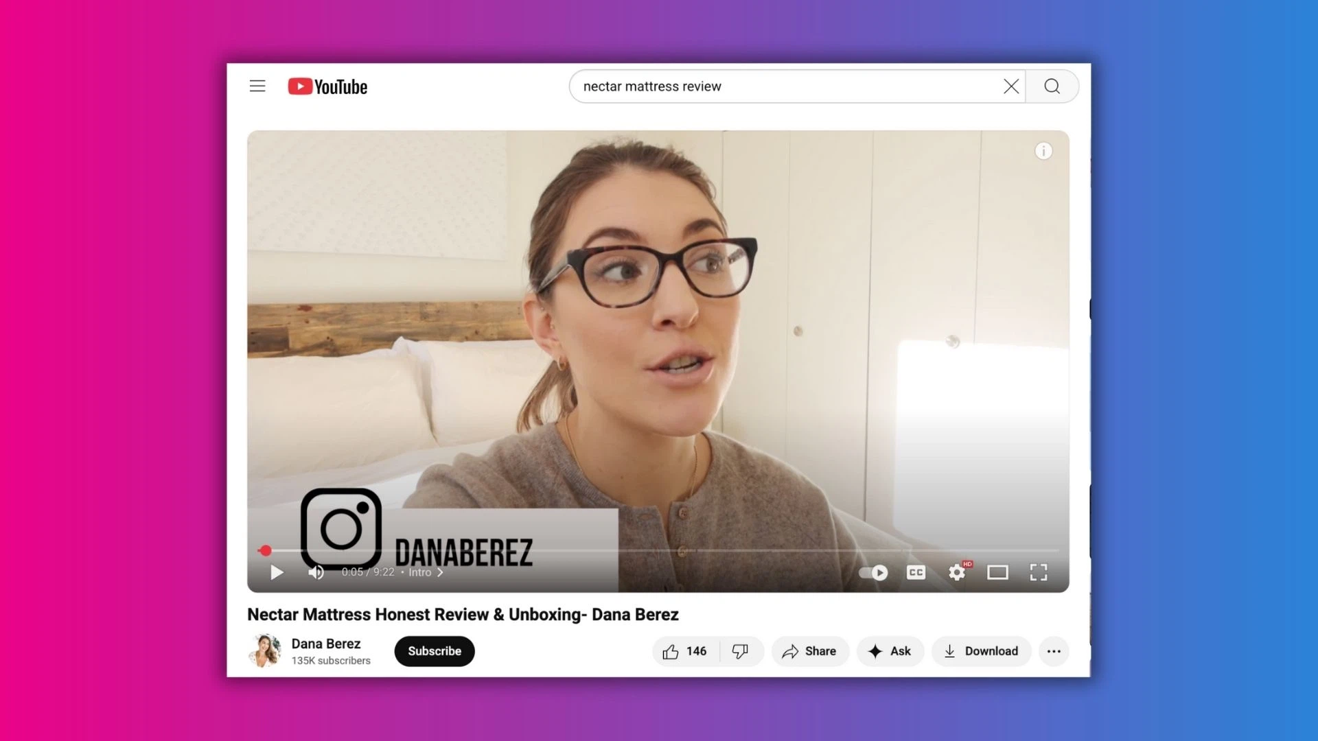 A woman wearing glasses appears in a YouTube video, engaging with the audience.