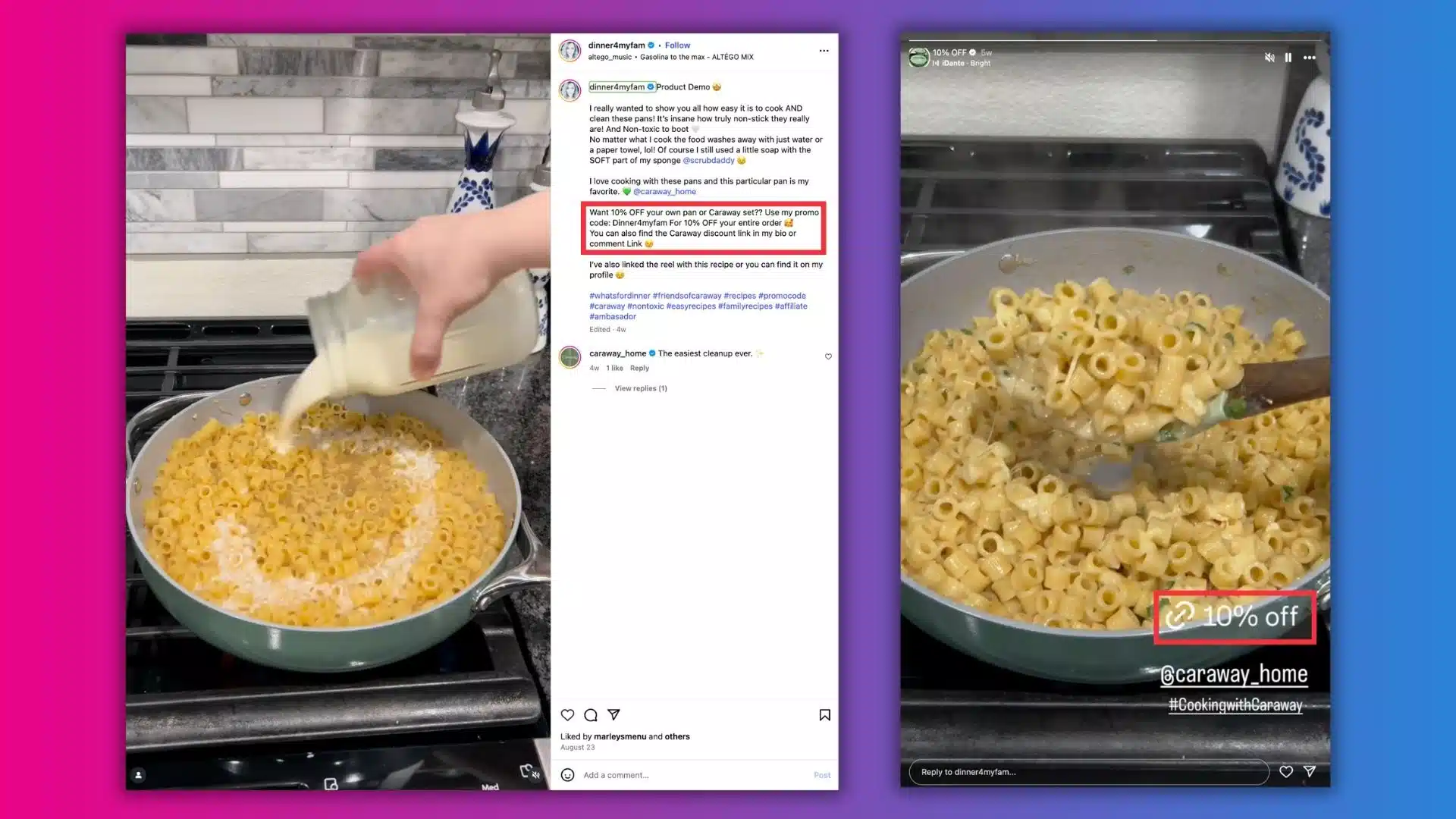 A hand pours cream into a pan of cooking pasta, showcasing a vibrant dish in a modern kitchen setting.