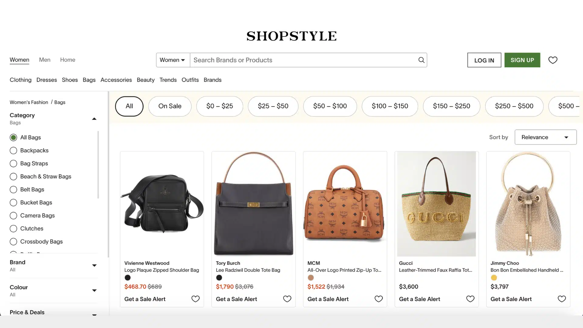 Image of a shopping website section showcasing various women's bags, including styles by Vivienne Westwood, Tory Burch, MCM, Gucci, and Jimmy Choo.