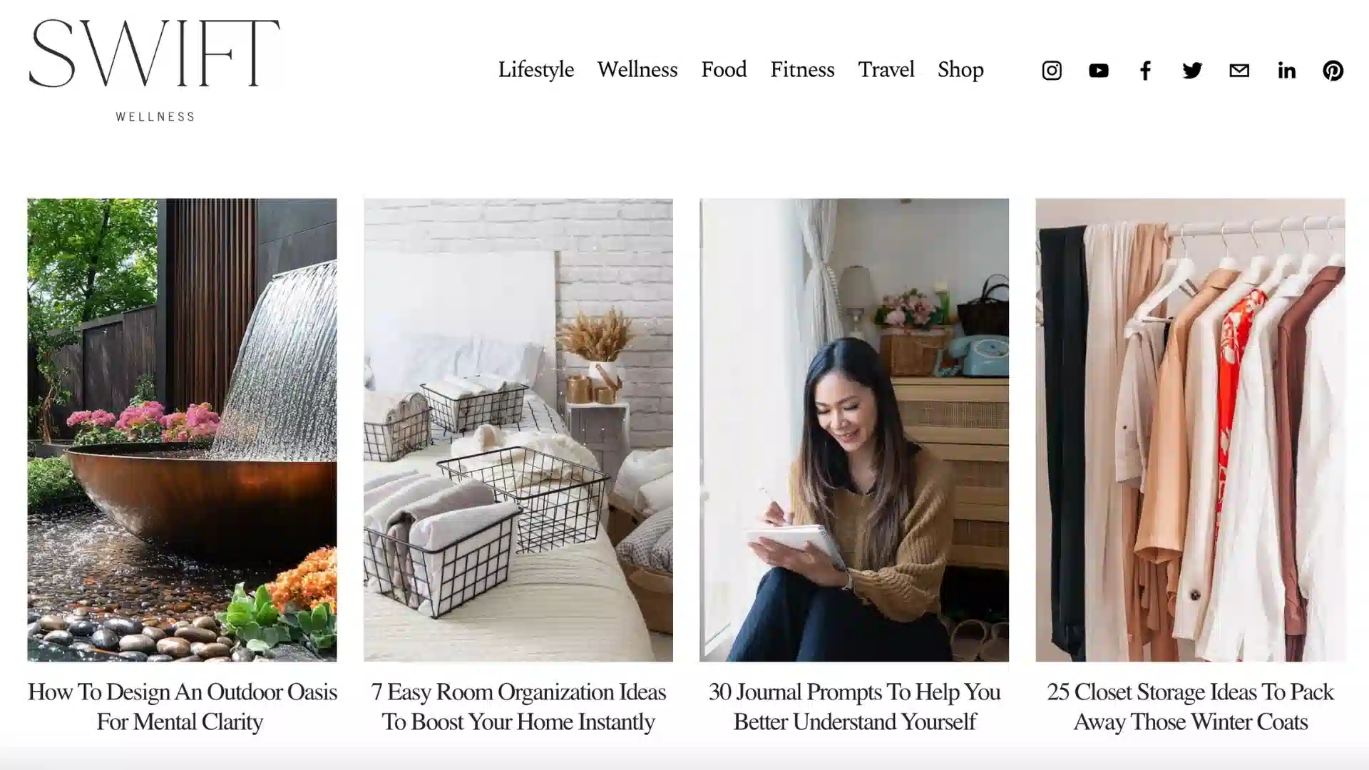 A collage of lifestyle articles featuring outdoor design, room organization, journaling prompts, and closet storage tips.