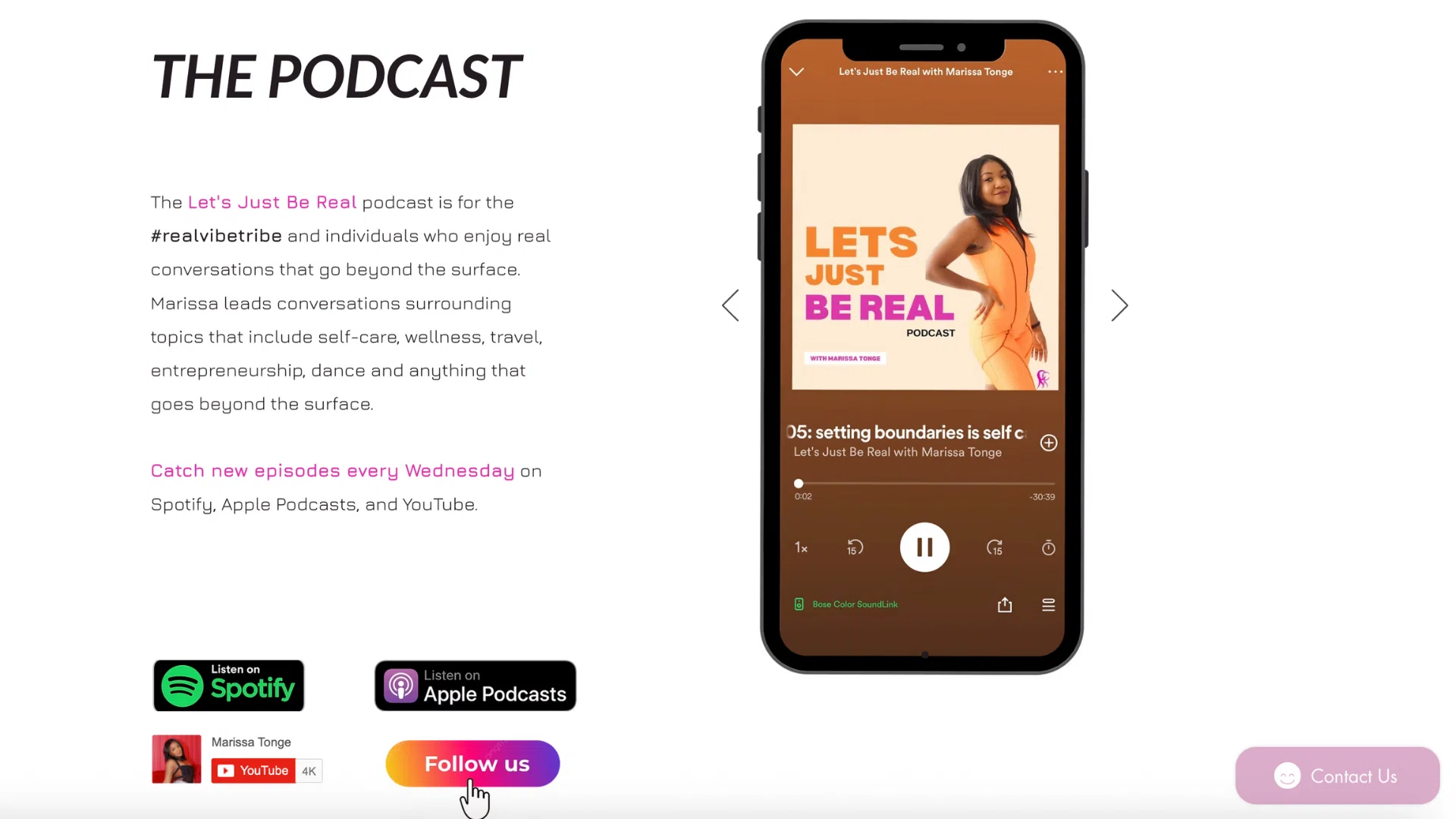 Promotional image for the "Let's Just Be Real" podcast featuring wellness discussions; includes links to follow on Spotify and Apple Podcasts.