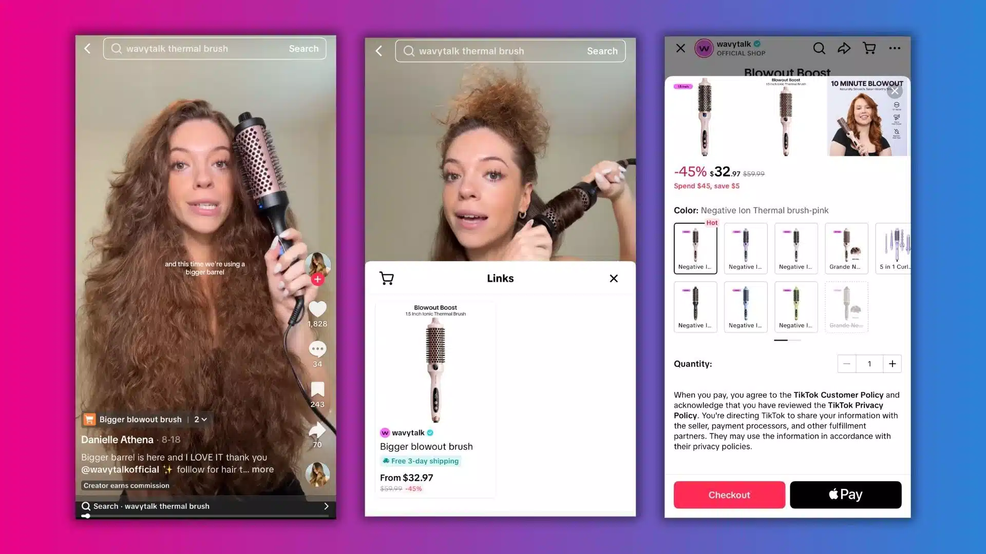A user showcases a bigger thermal hairbrush in a TikTok tutorial, highlighting its features and benefits, with shopping links visible.