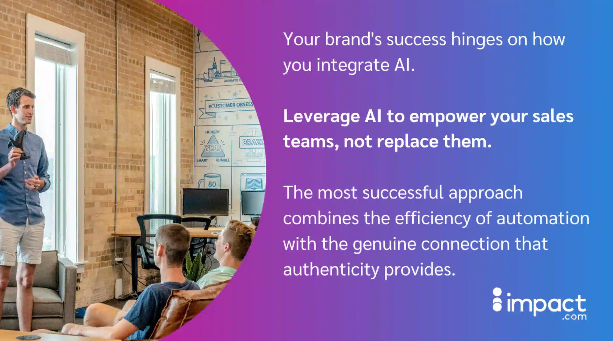 A speaker presents to an engaged audience in a modern office, surrounded by large windows and inspiring wall graphics about AI integration.