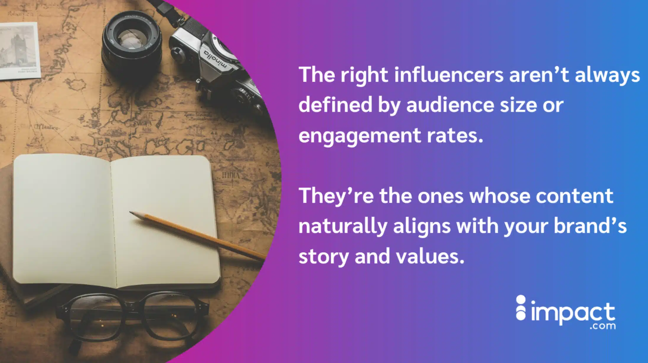 An open notebook and glasses on a map, alongside a camera, conveys the idea of thoughtful content creation and influencer alignment.