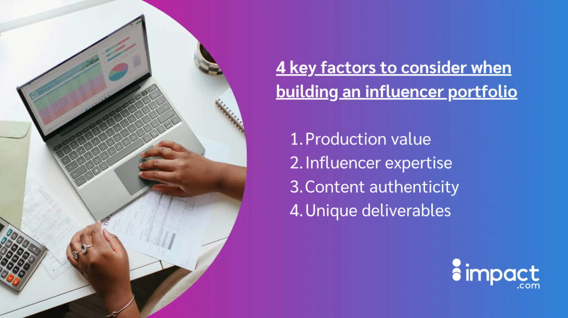 Close-up of hands using a laptop displaying influencer portfolio tips: production value, expertise, authenticity, and unique deliverables.
