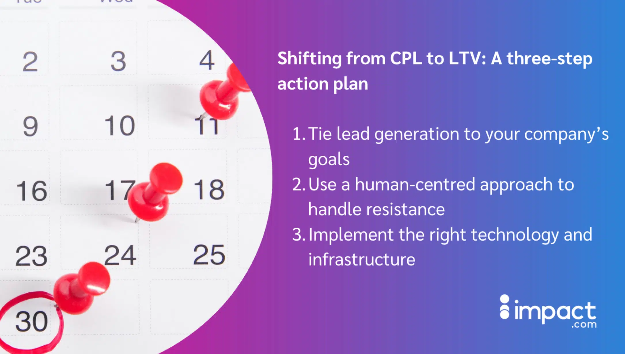 A calendar page featuring red pushpins highlights steps to shift from CPL to LTV focusing on lead generation and technology infrastructure.