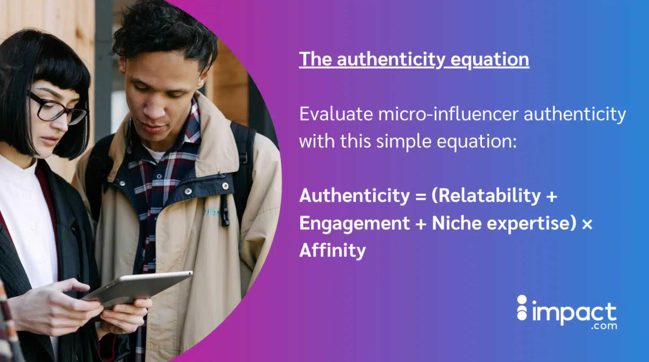 A graphic featuring two individuals discussing on a tablet, with an equation illustrating micro-influencer authenticity beside them.