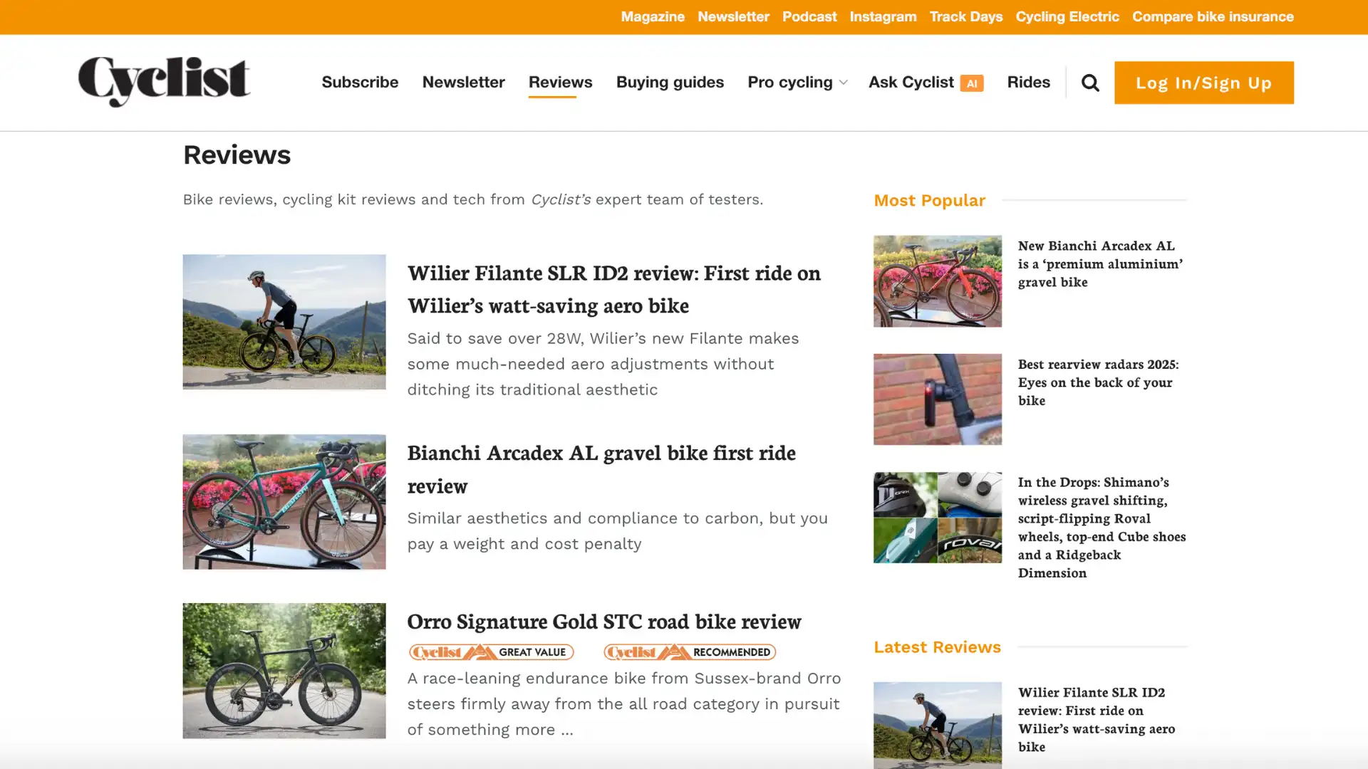cycling review website showcasing various bike models and user ratings.