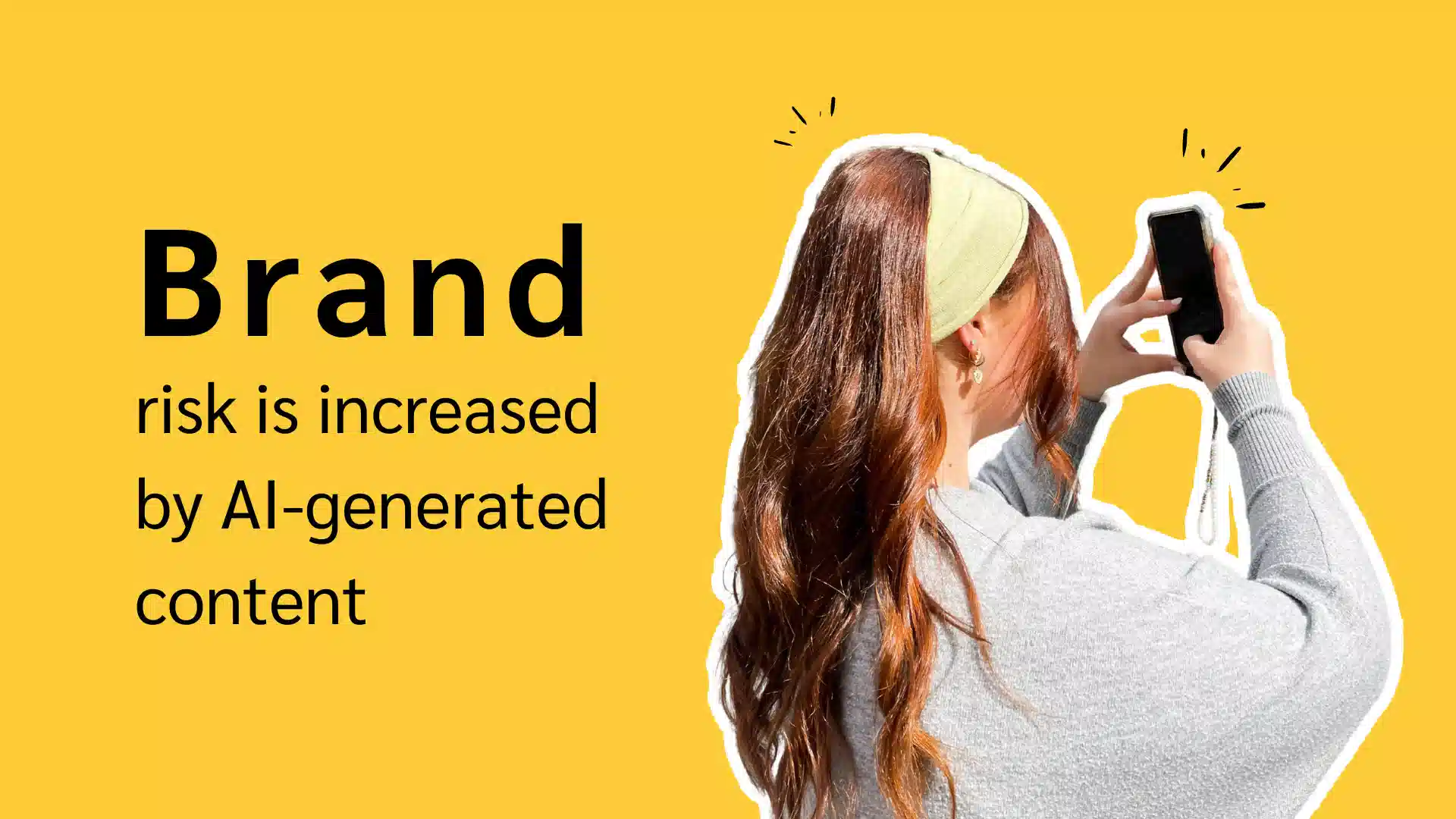 A woman with long hair, wearing a gray sweater and headband, holds a smartphone against a bright yellow background. Text discusses AI risks.