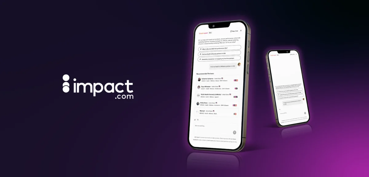 Two smartphones displaying the Impact.com platform interface against a dark gradient background, showcasing partner recommendations and chat functionality.