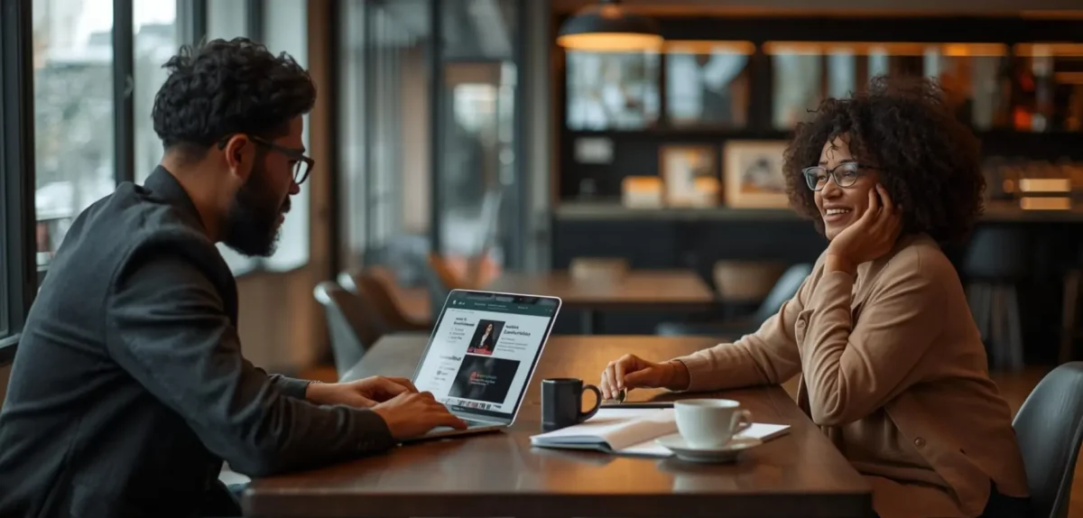 two people sitting in a coffee shop