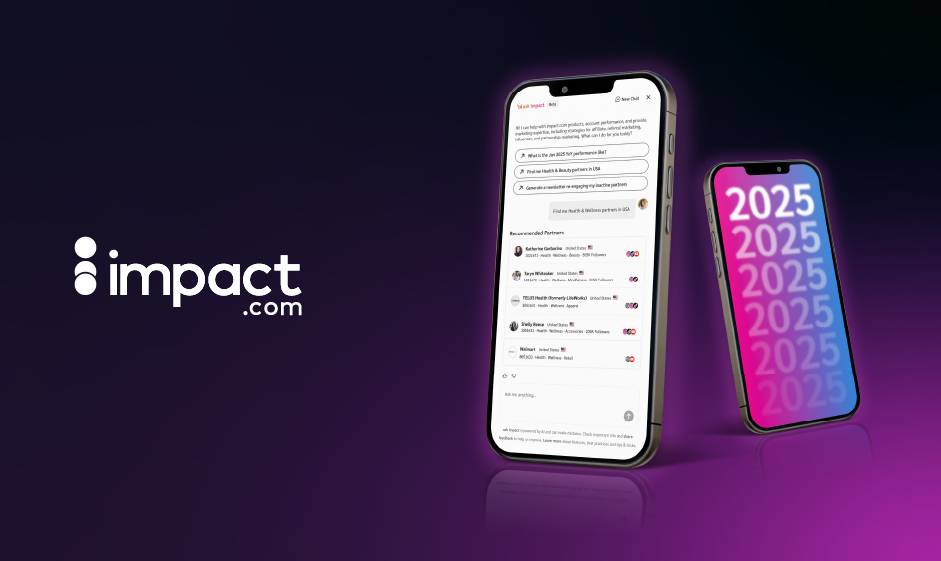 Two smartphones displaying the Impact.com platform's interface and branding, set against a gradient background featuring the year "2025."