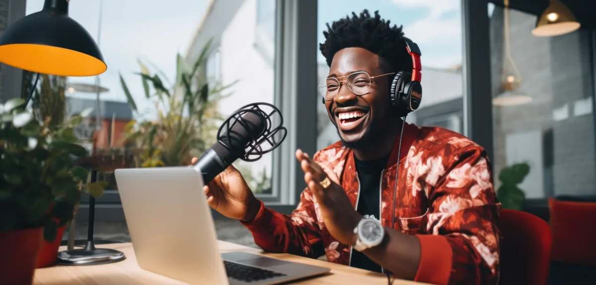 Influencer speaking to a microphone