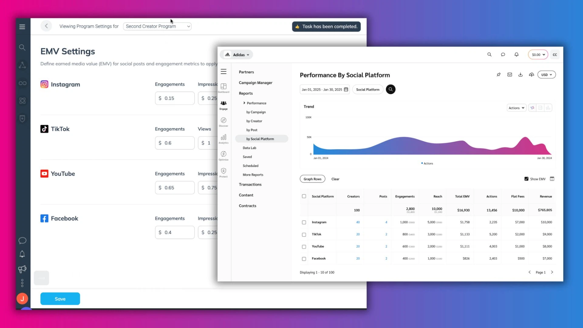 Dashboard displaying EMV settings for social platforms with engagement metrics and performance graphs for various social media channels.