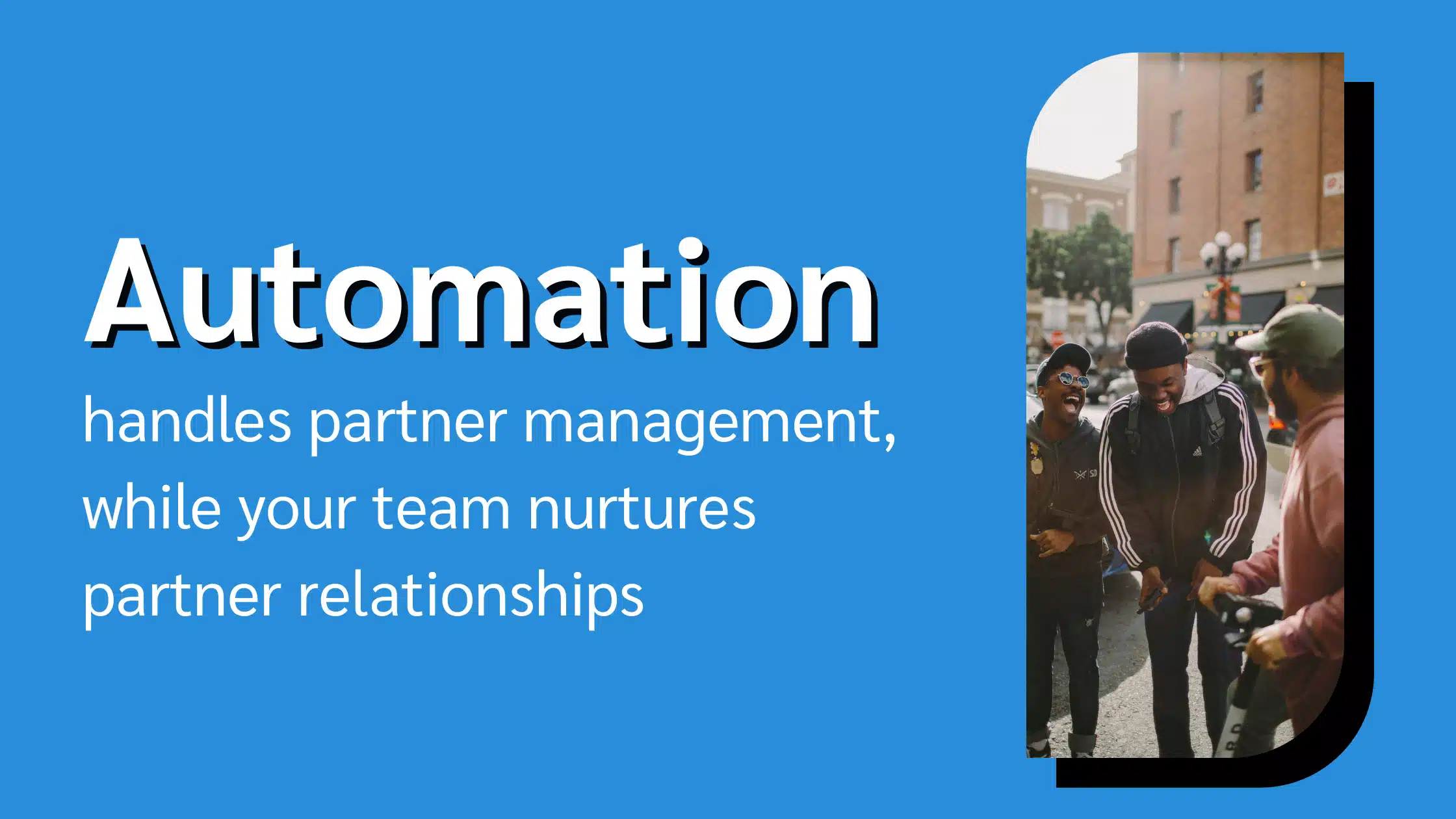 A group of individuals interacts outdoors, emphasizing teamwork and collaboration with vibrant city life in the background.