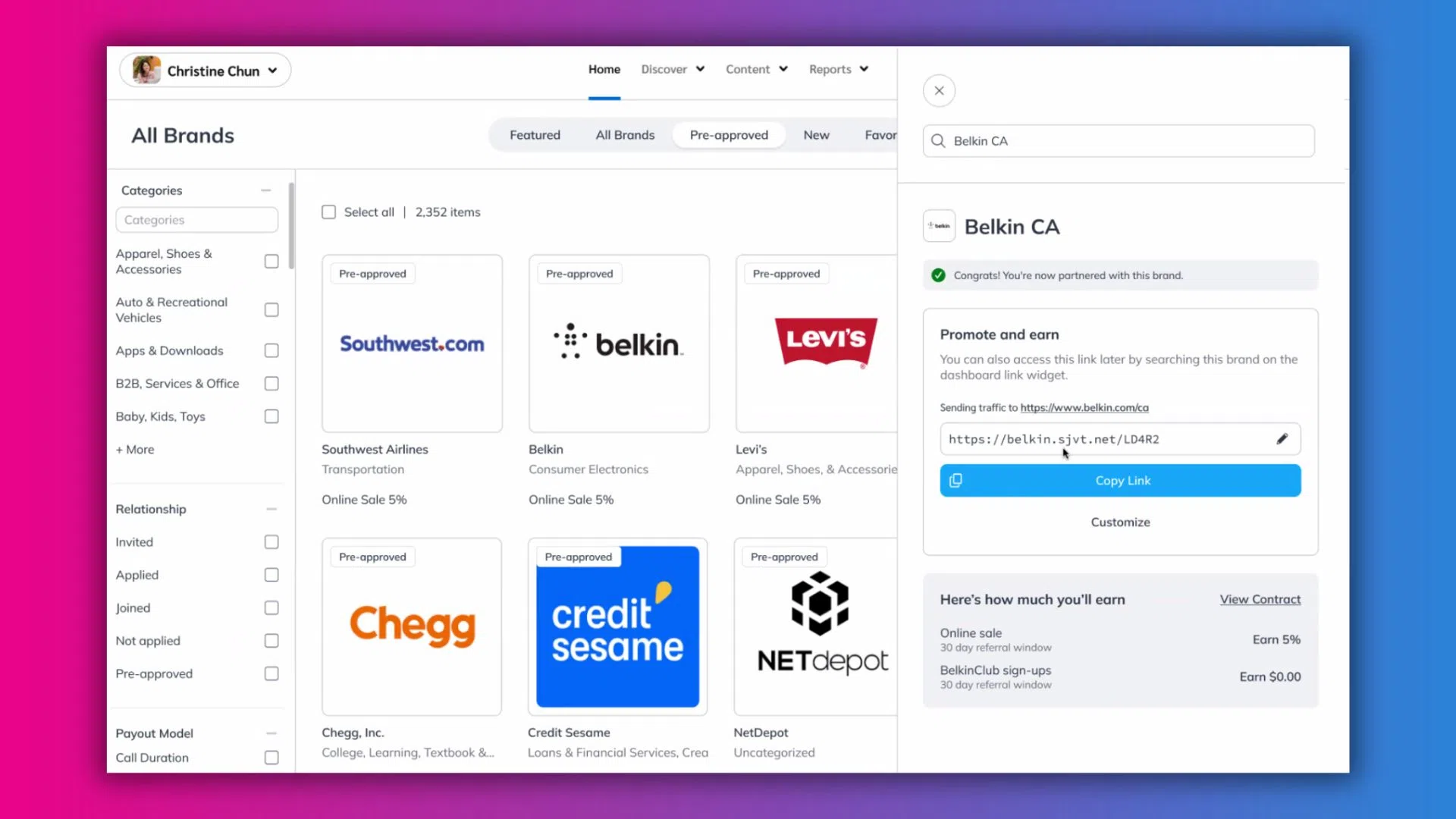 Screenshot of an affiliate dashboard showing various brands, including Belkin and Southwest, with partnership details and earnings options.