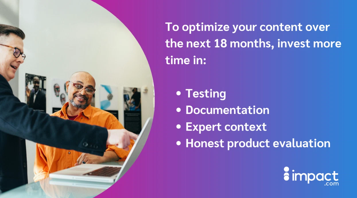 A person points towards a laptop while discussing strategies for content optimization, with key focus areas listed on the right.