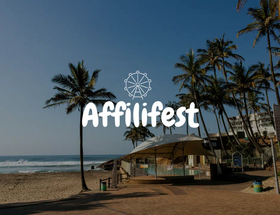 A beach scene with palm trees and a tent, featuring the logo for "Affilifest" in the center against a clear blue sky.
