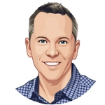 Digital illustration of a person with a round neckline and short, light hair, wearing a blue checkered shirt.