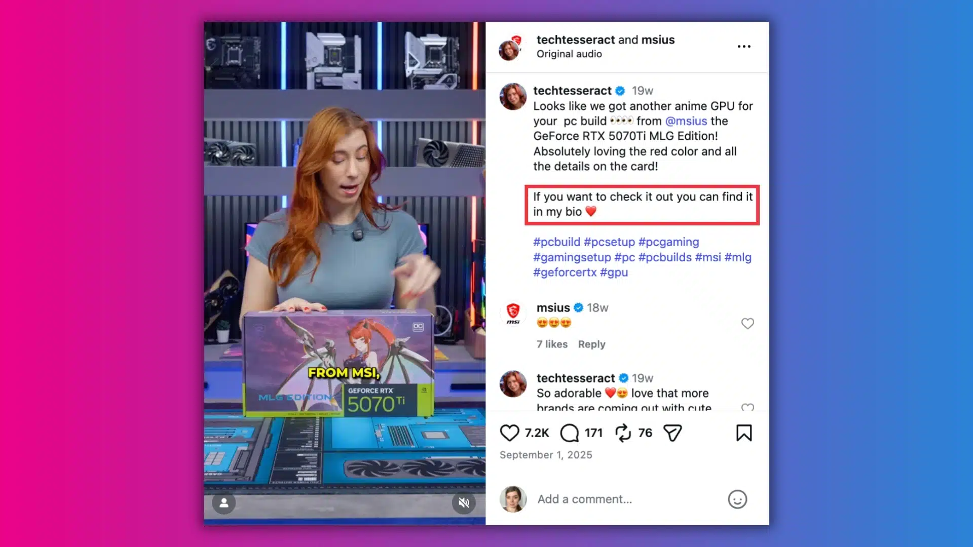 A person showcases an MSI GeForce RTX 5070Ti MLG Edition GPU on a colorful gaming setup, highlighting its vibrant design.