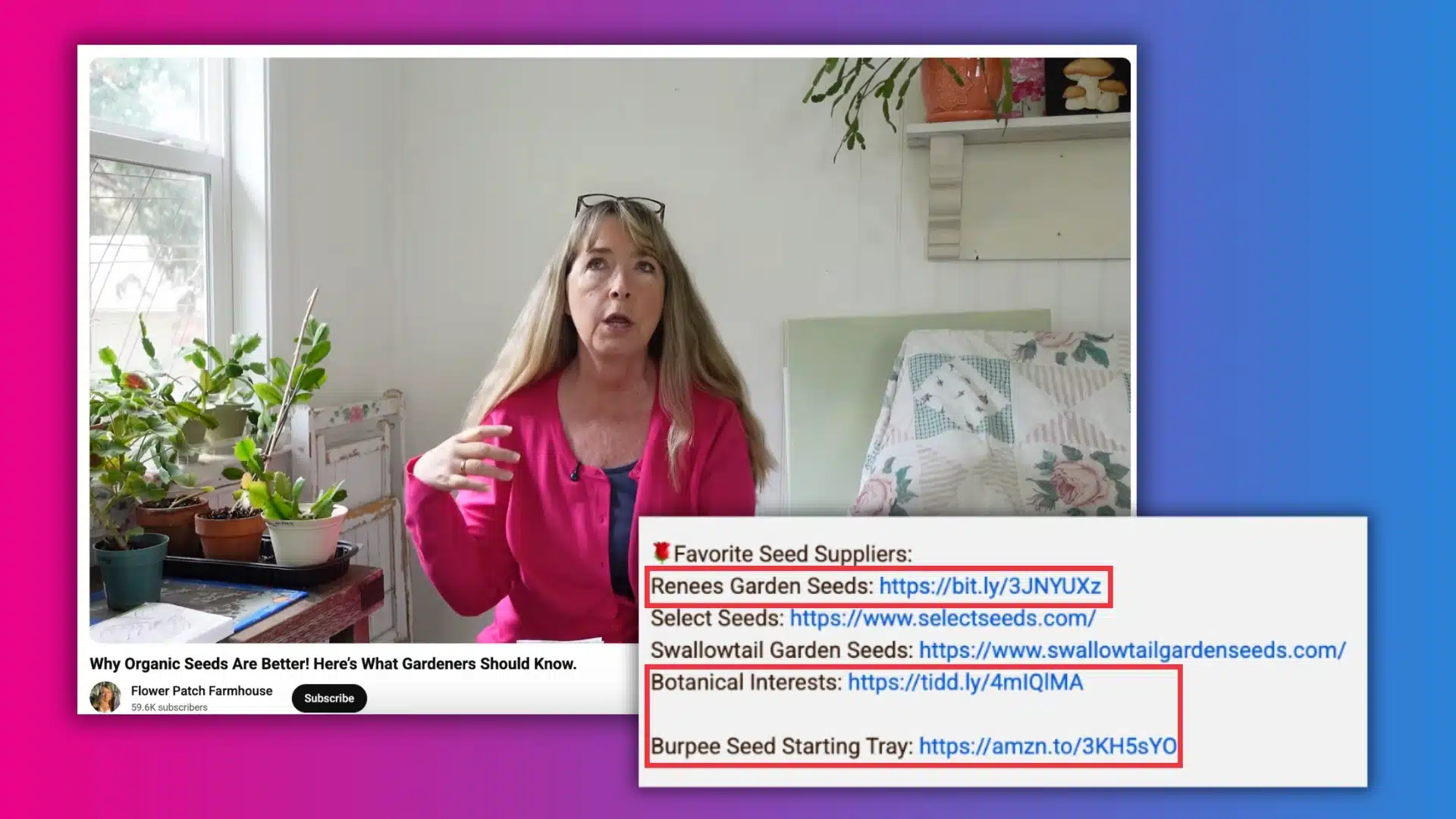 A person in a pink cardigan gestures while sitting in a bright room filled with potted plants and gardening resources.