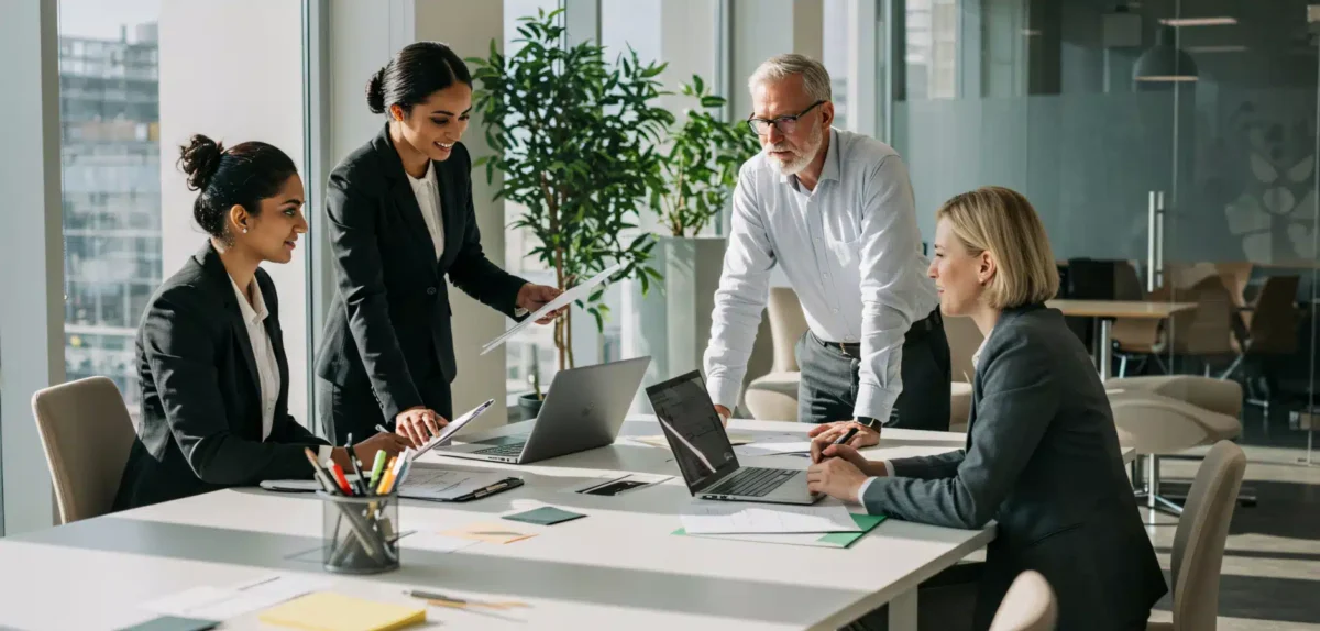 A diverse group of professionals collaborates in a modern office, discussing documents and using laptops at a conference table.