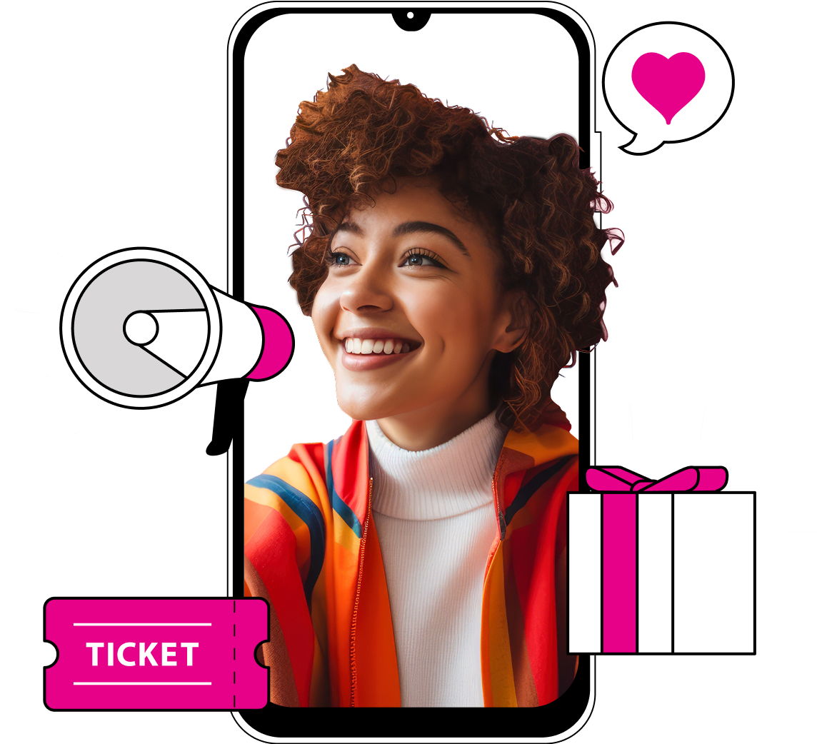 Lady smiling with illustrated icons floating around her