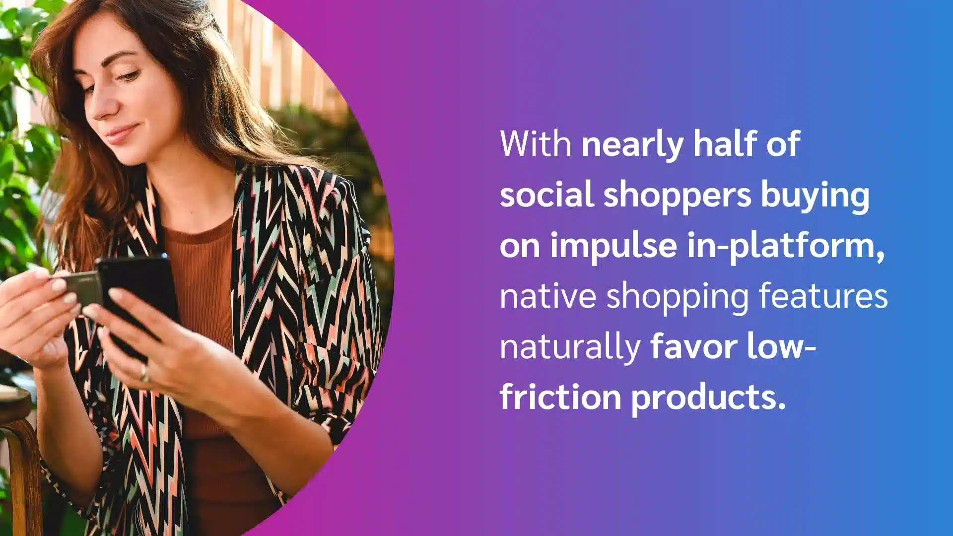 A person holding a smartphone, wearing a patterned jacket, with a colorful gradient background and text about social shopping trends.