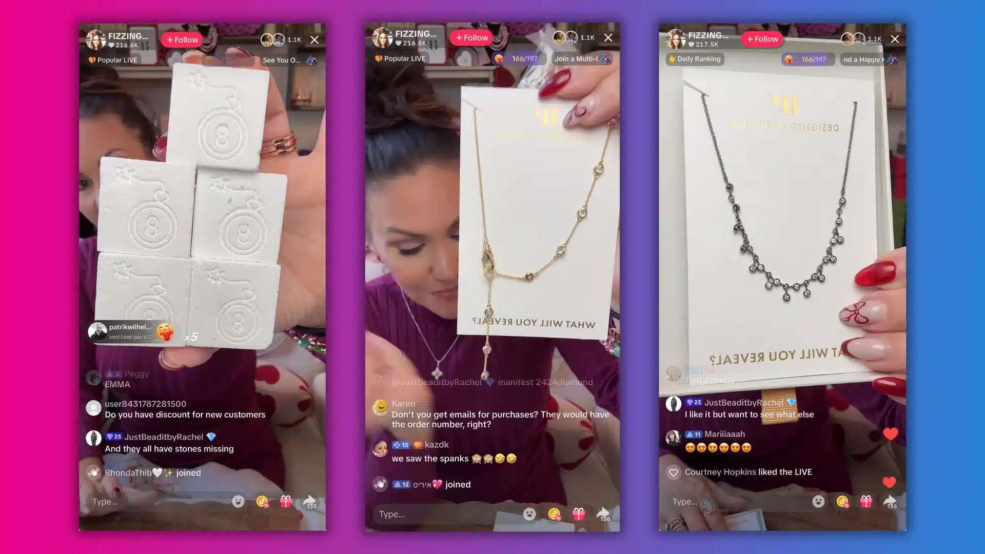 A hand displays three images of jewelry, including a stacked set of bath bombs and two necklaces on presentation cards.