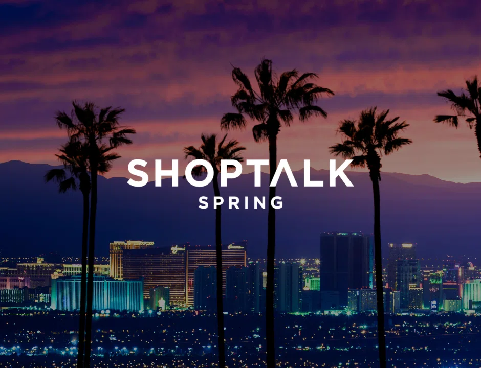 A vibrant sunset over a cityscape with palm trees, featuring the text "Shoptalk Spring" prominently displayed.