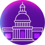 purple icon with whit line of a building